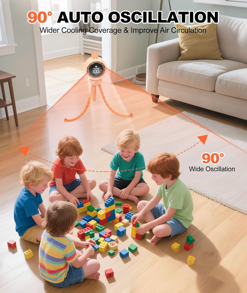 TRELC Baby Stroller Fan Large, Oscillating Turbo Portable Desk Fan Ultra Quiet with LED Display & Night Light, 1-100 Speeds, 3800mA Rechargeable Cooling Bladeless Fan for Office, Home, Crib (Orange) - Image 5